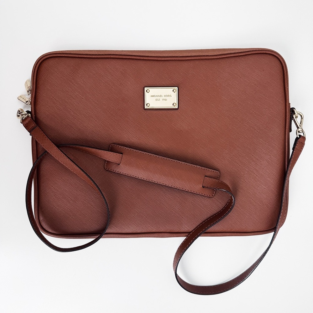 Michael Kors Brown 13” Laptop Bag with Strap and Gold Hardware